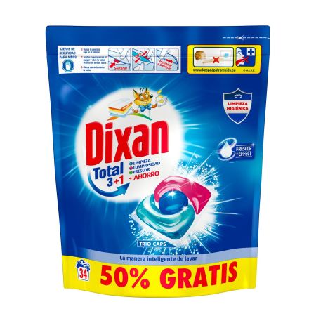 Dixan Detergente Total 3+1 Trio Caps Formato Especial Detergente en cápsulas con poder de limpieza luminosidad frescor y sostenibilidad 34 uds