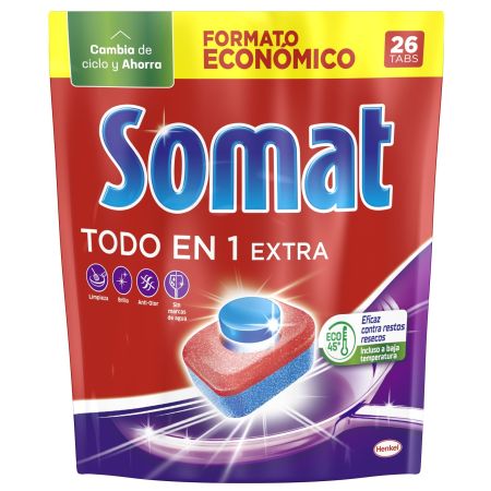 Somat Lavavajillas Todo En 1 Extra Lavavajillas a máquina en cápsulas eficaz contra restos resecos 26 uds