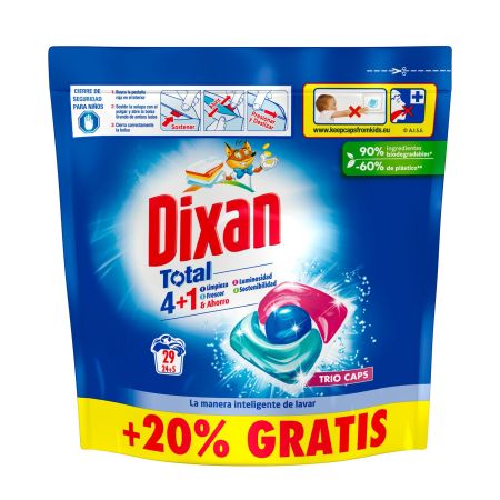 Dixan Detergente Total 4+1 & Ahorro Trio Caps Detergente en cápsulas con poder de limpieza luminosidad frescor y sostenibilidad