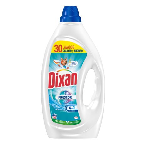 Dixan Detergente Frescor 4 En 1 +Ahorro Detergente líquido gran poder quitamanchas fragancia fresca 24 horas 30 lavados 1350 ml