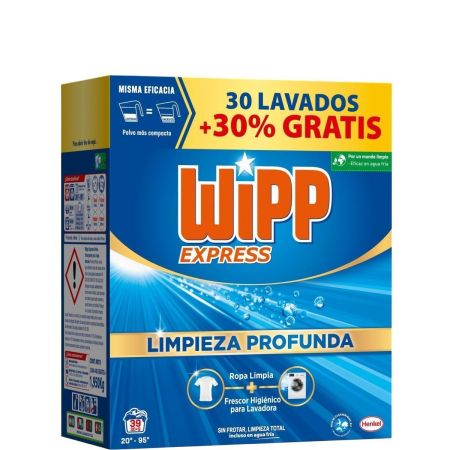 Wipp Express Express Limpieza Profunda Formato Especial Detergente en polvo elimina incluso manchas más difíciles combatiendo malos olores 39 lavados 1950 gr