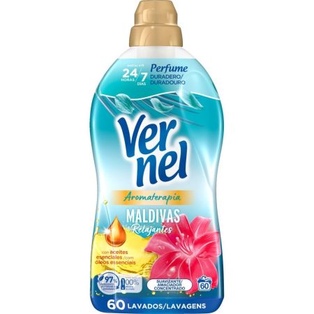 Vernel Aromaterapia Maldivas Relajantes Suavizante Concentrado Suavizante concentrado líquido aroma duradero con aceites esenciales 60 lavados 1080 ml