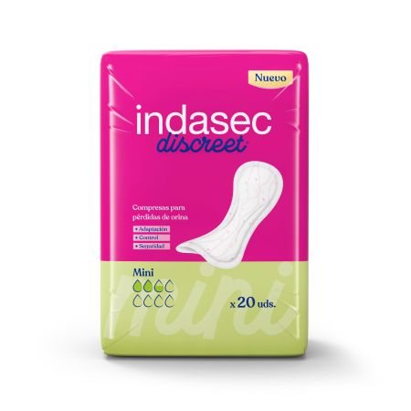 Indasec Compresas Discreet Mini Compresa antifugas y antiolores con doble núcleo absorbente para pérdidas de orina 20 uds