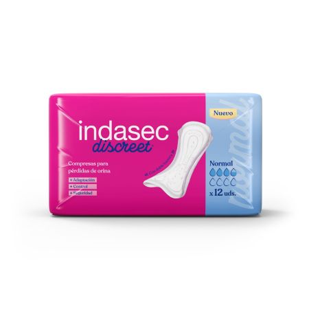 Indasec Compresas Discreet Normal Compresa antifugas y antiolores con doble núcleo absorbente para pérdidas de orina 12 uds