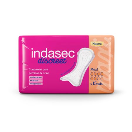 Indasec Compresas Discreet Maxi Compresa antifugas y antiolores con doble núcleo absorbente 15 uds