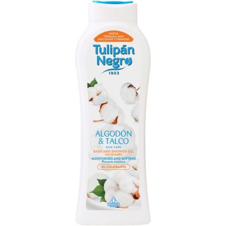 Tulipán Negro Algodón & Talco Gel De Baño Y Ducha Gel de ducha sin colorantes hidrata suaviza y evita la humedad 650 ml