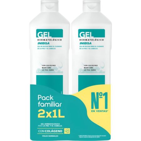 Inibsa Gel Dermatológico Duplo Pack Familiar Gel de ducha dermatológico hidratante piel más suave y lisa con colágeno 2x1000 ml