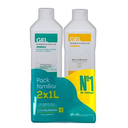 Inibsa Gel Dermatológico + Gel Multicereales Duplo Pack Familiar Set de baño con propiedades hidratantes para una piel suave y lisa