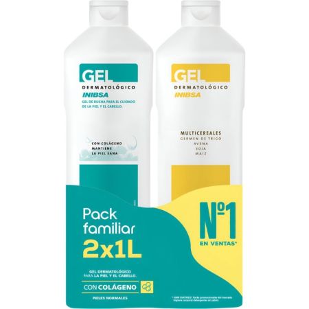 Inibsa Gel Dermatológico + Gel Multicereales Duplo Pack Familiar Set de baño con propiedades hidratantes para una piel suave y lisa