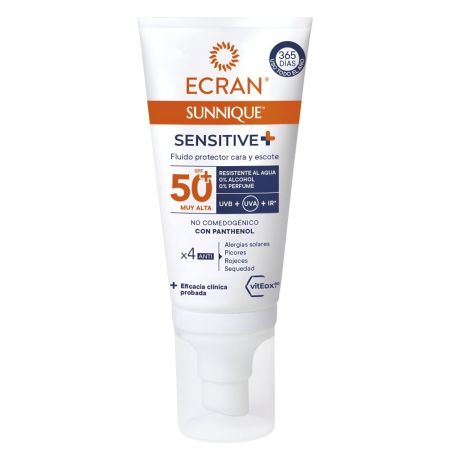 Ecran Sunnique Sensitive+ Fluido Protector Spf 50+ Fluido solar biodegradable para rostro y escote antialergias picores rojeces y sequedad 50 ml