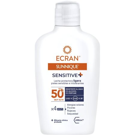 Ecran Sunnique Sensitive+ Leche Protectora Spf 50+ Protector solar biodegradable para rostro y escote antialergias solares picores rojeces y sequedad 200 ml