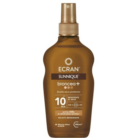 Ecran Sunnique Broncea+ Aceite Seco Protector Spf 10 Aceite protector bronceado dorado por más tiempo ilumina e hidrata la piel 200 ml