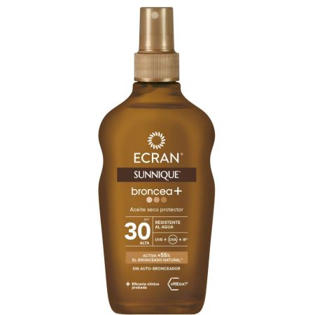 Ecran Sunnique Broncea+ Aceite Seco Protector Spf 30 Aceite protector bronceado dorado por más tiempo ilumina e hidrata la piel 200 ml