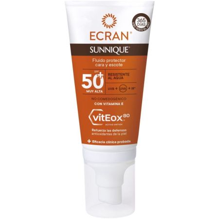 Ecran Sunnique Fluido Protector Cara Y Escote Spf 50+ Fluido protector rostro y escote antiarrugas y manchas provocadas por el sol 50 ml