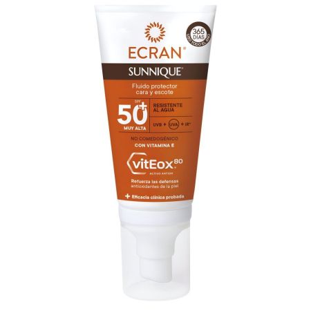 Ecran Sunnique Fluido Protector Cara Y Escote Spf 50+ Fluido protector rostro y escote antiarrugas y manchas provocadas por el sol 50 ml