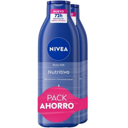 Nivea Nutritivo Body Milk Con Ácido Hialurónico Pack Ahorro Leche corporal nutritiva penetra profundamente y ofrece hidratación intensiva 72 horas con aceite de almendras 2x400 ml