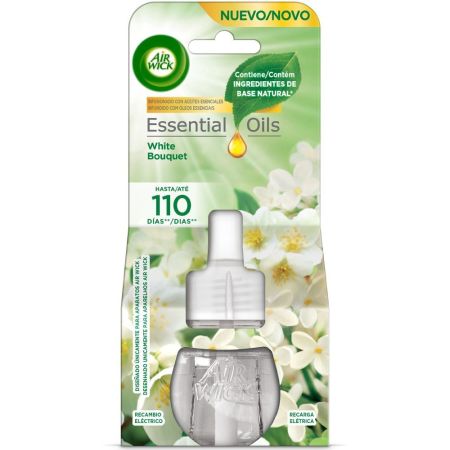 Air Wick Ambientador Essential Oils White Bouquet Recambio Eléctrico Ambientador eléctrico para hogar neutraliza olores ofreciendo suave aroma floral 19 ml