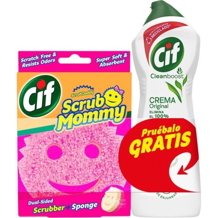 Cif Estropajo Scrub Mommy+Limpiador Crema Original Gratis Estropajo de limpieza de dos lados no raya absorbe líquidos y limpia la superficie seca