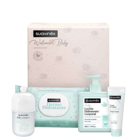 Suavinex Canastilla Welcome Baby Set de cosmética piel de bebé siempre suave y cuidada con los mejores mimos