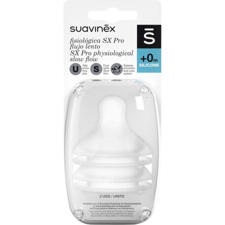 Suavinex Tetina Fisiológica Sx Pro Flujo Lento +0m Tetina fisiológica silicona indicada para las tomas de leche de los primeros días de vida 2 uds