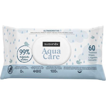 Suavinex Aqua Care Ultrasensitive Toallitas +0m Toallitas con 99% agua limpian de forma suave la piel de recién nacidos dejándola fresca e hidratada 60 uds