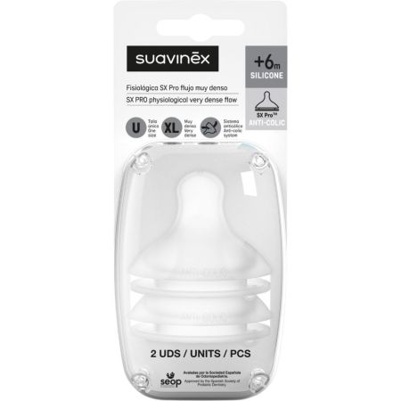 Suavinex Tetina Fisiológica Sx Pro Flujo Denso +6m Silicone Talla Xl Tetina fisiológica de flujo denso para papillas muy líquidas con sistema anticólicos 2 uds