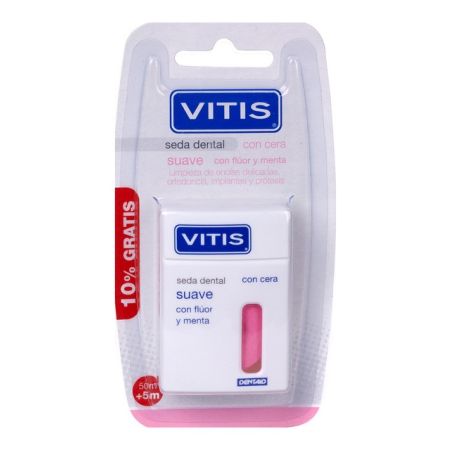 Vitis Seda Dental Con Cera Suave Formato Especial Seda dental de flúor y menta para una limpieza de encías delicadas 55 m