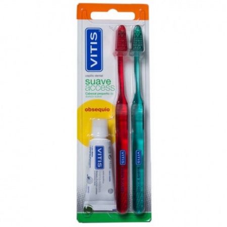 Vitis Suave Access Cepillo Dental + Pasta De Dientes Cepillo de dientes cabezal pequeño de dureza suave 2 uds