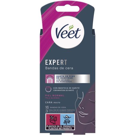 Veet Expert Bandas De Cera Rostro Bandas faciales de cera fría con manteca de karité 16 uds