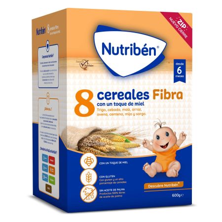 Nutriben Papilla 8 Cereales Fibra Con Un Toque De Miel Papilla instantánea en polvo evita la sobrealimentación del bebé desde los 6 meses 600 gr