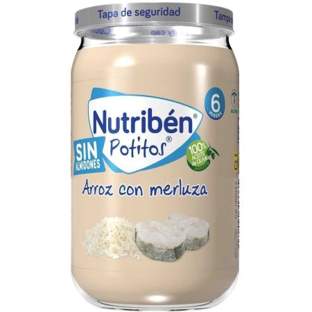 Nutriben Potitos Arroz Con Merluza Tarrito sin almidones 100% aceite de oliva sin sal ni azúcares añadidos a partir de 6 meses 235 gr