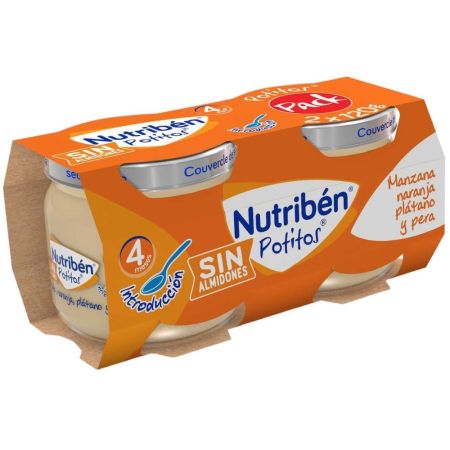 Nutriben Potitos Introducción Manzana Naranja Plátano Y Pera Tarrito sin almidones 100% aceite de oliva sin sal ni azúcares añadidos a partir de 4 meses 2x120 gr