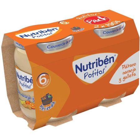 Nutriben Potitos Merienda Plátano Naranja Y Galleta Tarrito 100% aceite de oliva sin sal ni azúcares añadidos a partir de 6 meses 2x190 gr