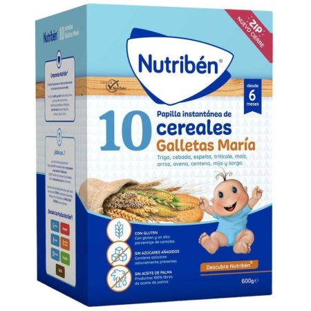 Nutriben Papilla 10 Cereales Galletas María Papilla instantánea en polvo evita la sobrealimentación a partir de 6 meses 600 gr