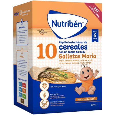 Nutriben Papilla 10 Cereales Toque De Miel Y Galletas María Papilla instantánea en polvo evita la sobrealimentación a partir de 6 meses 600 gr