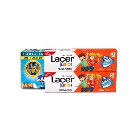 Lacer Júnior +6 Años Fresa Gel Dental Duplo+Figura 3d Sonic Gratis Pack regalo infantil para cuidado dental previene caries y protege encías con sabor fresa