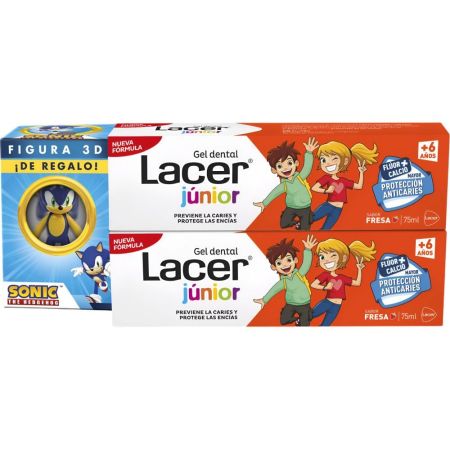 Lacer Júnior +6 Años Fresa Gel Dental Duplo+Figura 3d Sonic Gratis Pack regalo infantil para cuidado dental previene caries y protege encías con sabor fresa