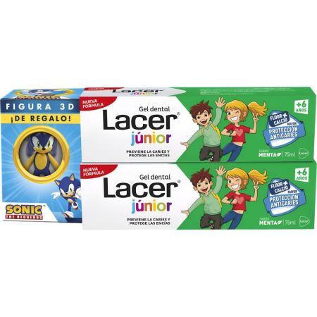 Lacer Júnior +6 Años Menta Gel Dental Duplo+Figura 3d Sonic Gratis Pack regalo infantil para cuidado dental sabor menta