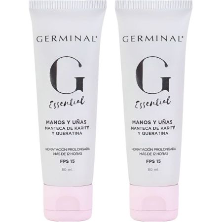 Germinal Essential Manos Y Uñas Spf 15 Duplo Formato Especial Crema de manos y uñas de textura no grasa ayuda a fortalecer e hidratar hasta 12 horas 2x50 ml