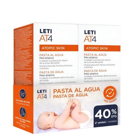 Leti At4 Atopic Skin Pasta Al Agua Duplo Formato Promocional Crema de pañal específica para el cuidado dermoreparador combate irritaciones escoceduras y rojeces 2x75 gr