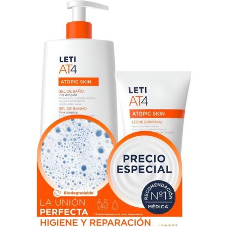 Leti At4 Atopic Skin Gel Baño+Body Lotion Precio Especial Set de baño destinado a la higiene y el cuidado corporal diario con activos calmantes que alivian el picor