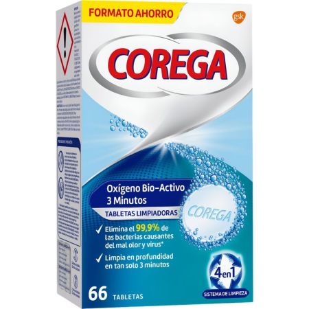 Corega Oxígeno Bio-Activo 3 Minutos 4en1 Tabletas Limpiadoras Limpiador de prótesis dentales blanqueador limpieza profunda en 3 minutos 66 uds