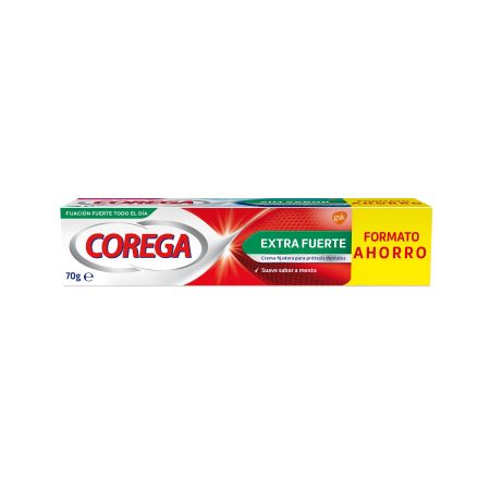 Corega Extra Fuerte Sabor Menta Crema Fijadora Formato Ahorro Crema fijadora para prótesis dentales impide la infiltración de alimentos larga duración 70 gr