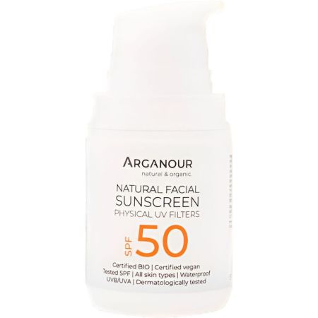 Arganour Natural Facial Sunscreen Physical Uv Filters Spf 50 Protector solar facial 100% natural hidrata y ofrece una alta protección 50 ml