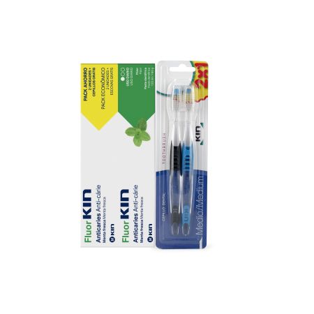 Kin Fluor Pasta Dentífrica Duplo + Cepillo Dental Medio Pack Pasta de dientes anticaries sabor menta fresca 2x125 ml