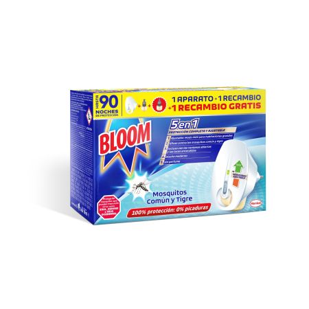 Bloom Insecticida Mosquitos Común Y Trigre 5en1 Formato Especial Insecticida eléctrico antipicaduras 100% de protección 1 aparato + 2 recambios