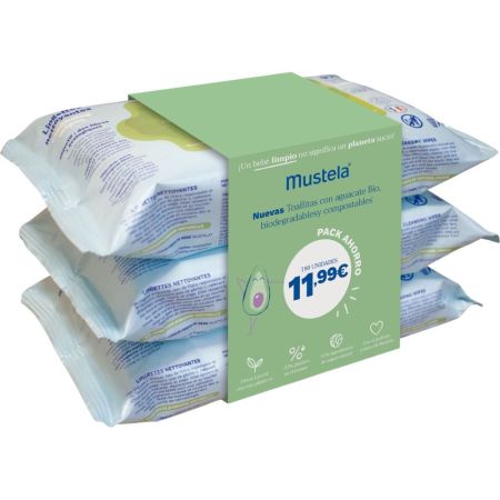 Mustela Toallitas Trío Pack Ahorro Toallitas con aguacate bio biodegradables y compostables 3x60 uds