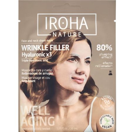 Iroha Nature Wrinkle Filler & Anti-Age Mascarilla Mascarilla facial vegana antiedad rellenadora para rostro y cuello con triple ácido hialurónico