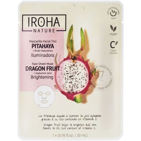 Iroha Nature Pitahaya Mascarilla Facial Tisú Mascarilla facial vegana iluminadora mejora elasticidad y rellena arrugas con pitahaya y ácido hialurónico