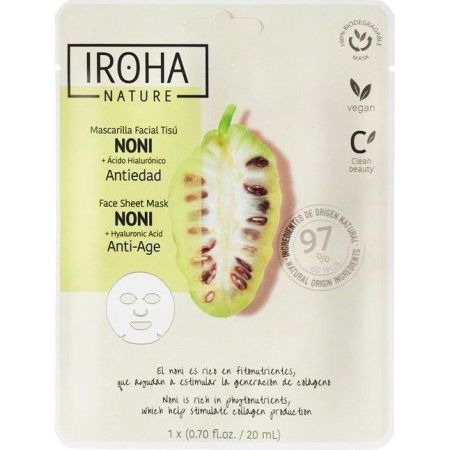 Iroha Nature Noni Mascarilla Facial Tisú Mascarilla facial vegana ayuda a prevenir signos de la edad con noni y ácido hialurónico